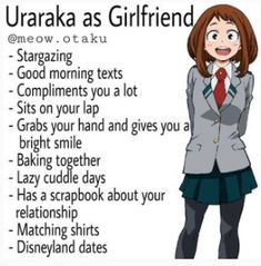 a girl in a school uniform with her hand on her head and the words uraraka as girlfriend