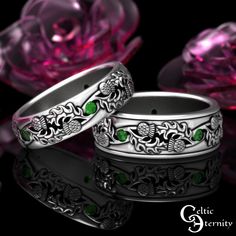 See all variations of this ring design: www.etsy.com/shop/CelticEternity?search_query=1935 His Band Height: 7.1mm Stones: 7 x 2mm Emerald Her Band Height: 5.4mm Stones: 7 x 2mm Emerald This matching His & Her Thistle ring set features unique Celtic knotwork representing the intersection of two lives woven together into a single thread. Continuous, and never-ending, this ring is perfect for the lover of symmetry and clean lines.  The thistle represents overcoming adversity and difficult situations. It's a symbol of resilience.  Every ring is handmade to order and in YOUR CUSTOM size; we do not keep backstock. Please buy our refundable ring sizer (BEFORE ORDERING) as most rings cannot be resized because of the continuous knotwork: www.etsy.com/listing/937178260 About This Item: Cast in solid Wedding Bands Emerald, Emerald Wedding Bands, Irish Wedding Ring, Irish Wedding Rings, Thistle Ring, Emerald Wedding Band, Irish Rings, Emerald Wedding Rings, Overcoming Adversity