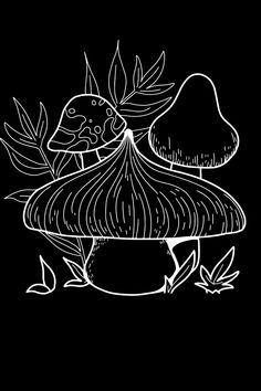 a black and white drawing of mushrooms with leaves on the bottom, in front of a dark background