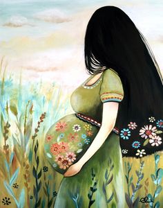 a painting of a pregnant woman in a green dress holding her belly while walking through tall grass