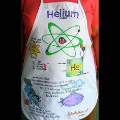 a person wearing an apron that has writing on it and pictures of objects around them