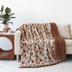 a couch with a blanket on it next to a potted plant