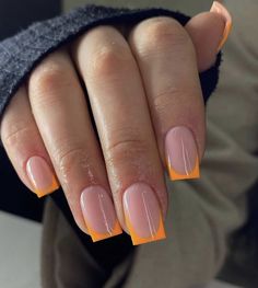 Peach Orange French Tip Nails, Short French Tip Acrylic Nails Orange, Short Square Orange French Tips, Orange French Tip Short Nails, Short Orange Tip Nails, French Nail Orange, Yellow And Coral Nails, Minimalist Nails Orange, Light Orange French Tip Nails