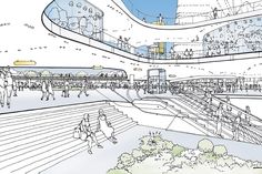 an artistic rendering of a train station with people walking and riding on escalators