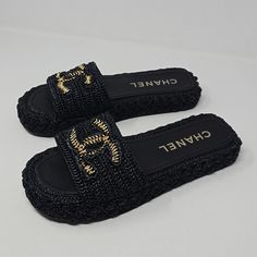 Chanel Raffia Braided Cord Cc Espadrille Mules Sandals Slides Black Brand New Without Box Come With 2 Dust Bag Beautiful Sandals Size 41=10. You Have A Question Don't Hesitate To Ask. Designer Black Sandals With Woven Sole, Luxury Black Sandals With Woven Sole, Embellished Closed Toe Black Sandals, Luxury Sandals With Woven Sole And Round Toe, Black Closed Toe Embellished Sandals, Luxury Slip-on Sandals With Woven Sole, Black Embellished Closed Toe Sandals, Chic Black Sandals With Woven Sole, Designer Black Embellished Sandals