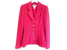 "Vintage blazer by Karl Lagerfeld in pink boucle wool. Monogrammed button closure. Best fits : Labelled 36 will fit a S  Condition : Good vintage  Material : Viscose Rayon  Label: Lagerfeld Made in France  Shoulder to hem 25\" Shoulder to shoulder 16\" Armpit to armpit 17\" Sleeves 26\" Waist 15\" All measurements are taken seam to seam whilst item is lying flat." Tailored Pink Wool Blazer, Pink Fitted Wool Outerwear, Fitted Pink Wool Outerwear, Classic Pink Wool Blazer, Pink Wool Single Breasted Blazer, Pink Wool Blazer For Winter, Winter Pink Wool Blazer, High Waisted Leather Skirt, Blazer Rose