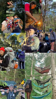 collage of people in the woods with backpacks and hammocks