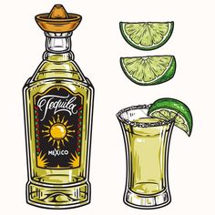 a bottle of tequila next to a glass filled with limes and an orange slice