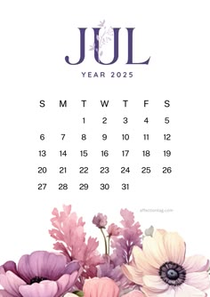 a calendar with flowers on it and the date for july in blue, pink and white