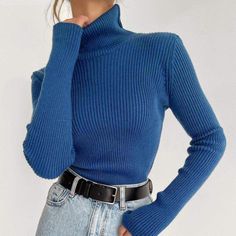 Basic Ribbed Cotton Turtleneck Sweaters - 20 Colors. One of must have essential items for when all else are failing. Just as is or for laying style, turtleneck sweaters always serve well when you need them. Keep a couple of them in different colors in closet for basic everyday looks or colorful ones for that oh happy days. ONE SIZE: Size Bust Sleeve Length One Size 68-106 cm / 26.8-41.7" 52 cm / 20.5" 53 cm / 20.9" Gender: WOMENItem Type : Top, Knitwear, SweaterCollar: TurtleneckMaterial: Nylon, Blue Turtleneck Outfit, Turtleneck Sweater Outfit, Style Turtleneck, Cotton Turtleneck, Turtleneck Outfit, Turtleneck Sweaters, Chic Sweater, Chic Sweaters, Long Sleeve Knit Sweaters