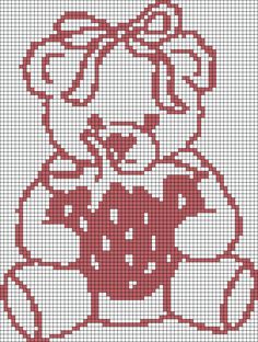 a cross stitch teddy bear with a bow on it's head is shown in red