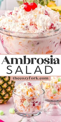 this ambrosia salad is so good it's loaded with fruit and has a cherry on top