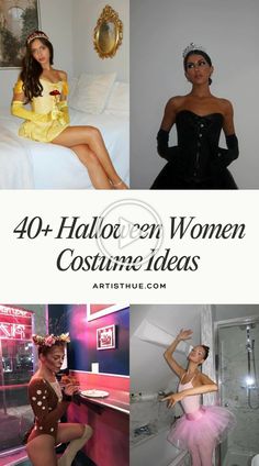 four different women dressed in costumes with the caption 40 + halloween women costume ideas