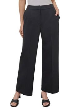 Staple pants in a classic wide-leg silhouette are crafted from a seasonless blend that stays neat and polished from desk to dinner. 29" inseam (size XS) Zip fly with hook-and-bar closure; back elastic waist Front slant pockets 78% polyester, 18% rayon, 4% spandex Hand wash, dry flat Imported Business Casual Wide Leg Pants With Pressed Crease, Elegant Black Career Bottoms, Elegant Wide-leg Business Casual Work Pants, Elegant Wide Leg Career Pants, Elegant Wide-leg Work Pants, Elegant Wide-leg Career Pants, Elegant Wide-leg Dress Pants For Business Casual, Elegant Black Pants For Career, Elegant Black Career Pants