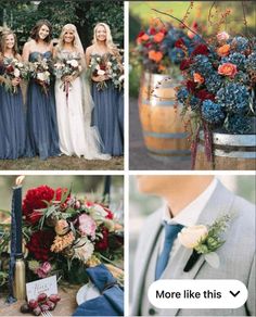 four different pictures with flowers in vases and men's suits on the same photo