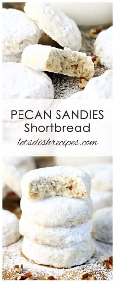 pecan sandies are stacked on top of each other with powdered sugar in the middle