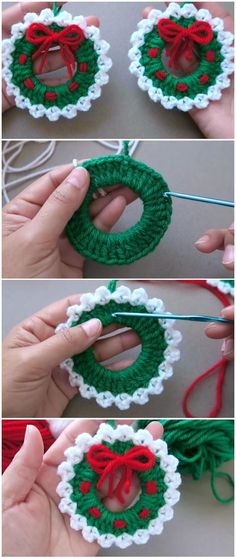 crochet christmas wreath ornament being worked on