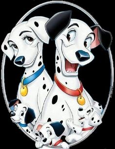 two dalmatian dogs sitting next to each other in front of a black background