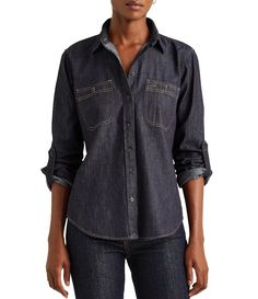 Shop for Lauren Ralph Lauren Chambray Cotton Point Collar Long Roll-Tab Sleeve Patch Pocket Button Down Shirt at Dillard's. Visit Dillard's to find clothing, accessories, shoes, cosmetics & more. The Style of Your Life. Ralph Lauren Denim Shirt, Under Armour Apparel, Ralph Lauren Womens Clothing, Womens Denim Shirt, Ralph Lauren Style, Classic Jacket, Ralph Lauren Denim, Chambray Shirt, Fashion 2020