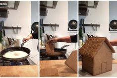 the process of making a gingerbread house made out of cardboard is shown in three different stages