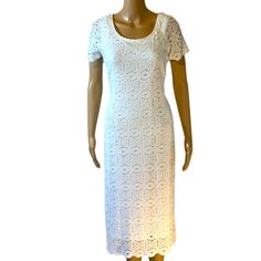 White Dressbarn Lace Knit Dress Us Womens Size Large Color: White Condition: Nwt Lined: Yes Ships Same Day If Ordered By 5pm Est! Thanks For Shopping With Us! Casual Crochet Midi Dress With Lace Trim, Elegant Fitted Crochet Dress For Daywear, Elegant Fitted Crochet Dress, Summer Short Sleeve Pointelle Knit Dresses, Elegant Pointelle Knit Crochet Dress For Vacation, Elegant Pointelle Knit Crochet Dress For Beach, White Open Knit Dress For Spring, Casual White Crochet Dress With Open Knit, Elegant Crochet Dress With Pointelle Knit For Beach