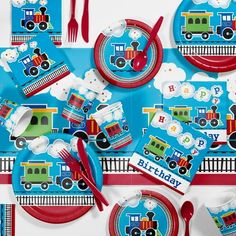 children's birthday party supplies including plates, forks and napkins with train theme