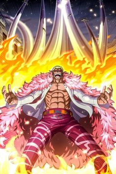 an anime character with pink hair and purple pants, standing in front of a fire