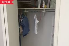 an open closet with clothes hanging on the shelves