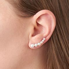 3-6mm Cultured Pearl Ear Crawlers in Sterling Silver White Topaz Earrings, Cultured Pearl Bracelet, Diamond Shape Earrings, Ear Crawlers, Conch Earring, Pearl Jewelry Sets, Ear Climbers, Cultured Pearl Necklace, Rings Rings