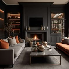 a living room with two couches and a fire place in the middle of it