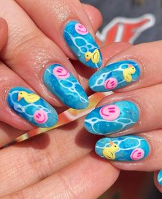 Pool Party Nail Designs, Pool Nails Summer, Swimmer Nails Designs, Pool Themed Nails, Swimming Pool Nail Art, Swim Nails Designs, Rubber Ducky Nails, Cute Nail Ideas For Summer Simple, Sea Life Nail Art