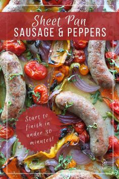 sheet pan sausage and peppers with tomatoes on the side