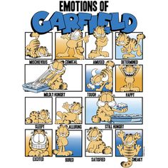 an image of cartoon characters with captions in the bottom right hand corner, which reads emotions of garfield