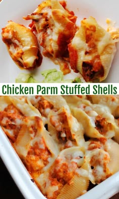 chicken parm stuffed shells in a white casserole dish with lettuce