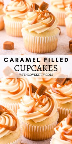 caramel filled cupcakes with white frosting and chocolate sprinkles