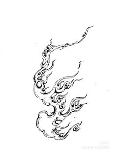 a black and white drawing of a dragon with flames on it's back side