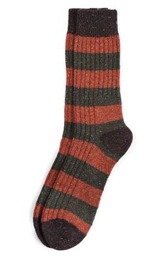 Slightly chunky and cold-weather comfortable, these socks made with soft wool feature rings of colorful stripes and thick ribbing stretching from tops to toes. Wool/acrylic/nylon/elastane Machine wash, tumble dry Made in Portugal Wool Blend Socks, Tube Socks, Soft Wool, Burnt Orange, Stretching, Hosiery, Cold Weather, Wool Blend, Portugal