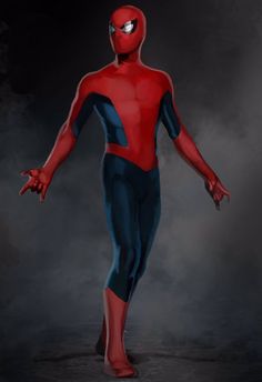 a spider man standing in the dark with his arms out and eyes closed, wearing a red and blue suit