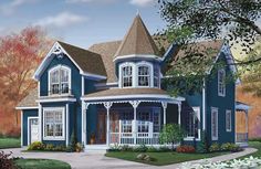 this is an artist's rendering of a victorian style house with blue siding and white trim