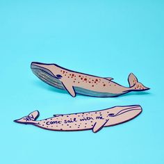 two blue and white whale magnets sitting on top of a blue surface with writing