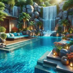 an outdoor swimming pool with waterfall and lounge chairs next to it, surrounded by greenery