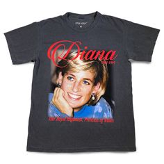 "The Original & Viral Princess Diana Shirt by Moby Thrift. This iconic shirt reflects everything that Princess Diana stood for.  Guaranteed to become a staple in your wardrobe, you cant go wrong by ordering this iconic tee. \"The Diana\" features an original design with an extremely high quality screen printed with 30 total screens, including 3 puff print screens. It is simply everything you need and more. Enjoy!! 100% Cotton Printed in Utah" Quilt Size Chart, Puff Print, Retro Tee, Princesa Diana, Quilt Sizes, Vintage Inspired Design, Princess Of Wales, Princess Diana, Vintage Tees