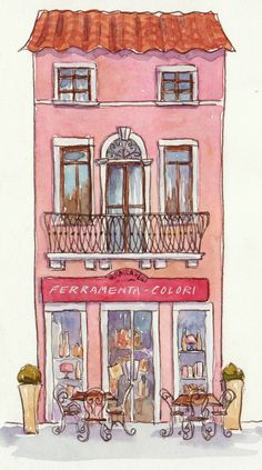 a watercolor painting of a pink building with red roof and balconies on the second floor