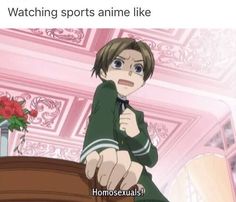 an anime character sitting at a desk with the caption saying watching sports anime like homosexualityexnals