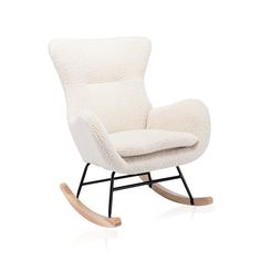 a white rocking chair with black legs and a wooden base, on a white background