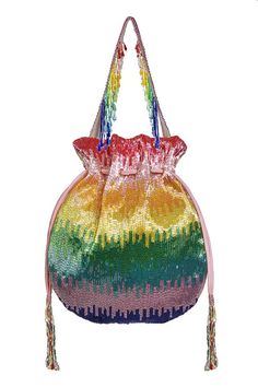 Multi colored colored potli hand embroidered with fine Japanese bugle beads in rainbow hues. Comes with detachable embellished handle and sling chain.
Type: Embellished
Composition: Top: Velvet, Lining: Soft suede
Color: Multi Color
Other Details: 
Dimension L x W (in cms): 24 x 22
Product weight (in kgs): 1.5
Closure: Pull-out drawcord - Aza Fashions Bugle Beads, Handbags Online, Soft Suede, Online Accessories, Aza Fashion, Handbag Accessories, Multi Colored, Hand Embroidered, Tourmaline