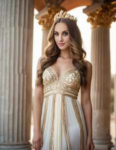 a beautiful woman in a white and gold dress posing for a photo wearing a tiara