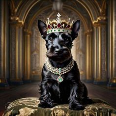 a black dog wearing a crown sitting on top of a pillow