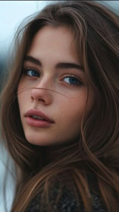 a beautiful young woman with blue eyes and long brown hair is looking at the camera