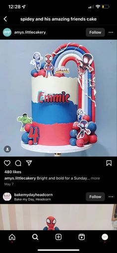 the spiderman birthday cake has been made to look like it is being watched by someone